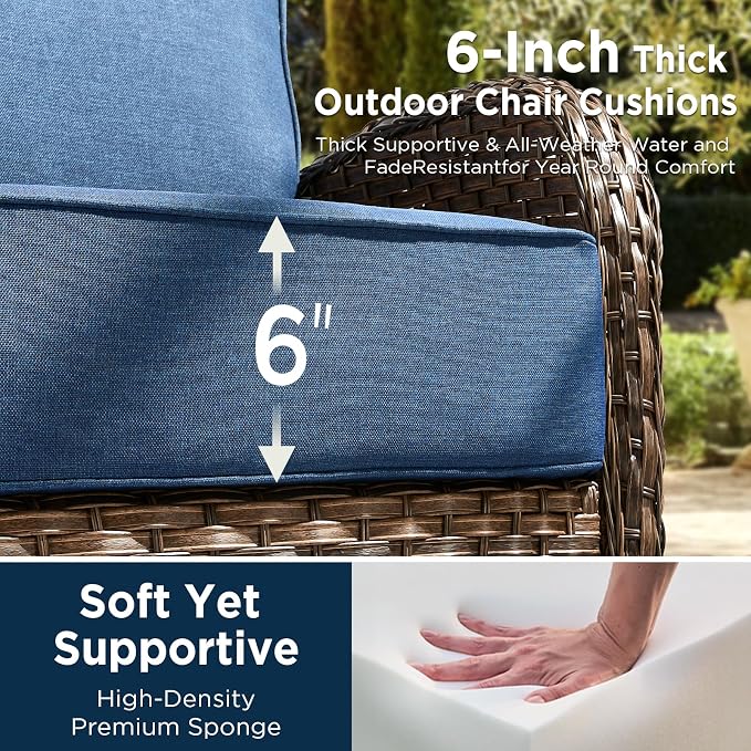 10 Pieces Luxury Patio Furniture Set with 42.5" Fire Pit Table, 6-Inch Thick Cushions Wicker Outdoor Furniture with Swivel Patio Chairs Set of 4, Outdoor Patio Conversation Set for Garden Deck, Blue
