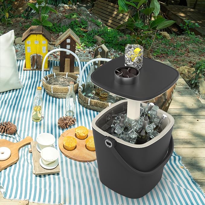 Outdoor Cooler Table, 4 Gallon, Portable, with Handle, Bottle Opener, Lift Top Lid, 3-in-1 Ice Cooler, Cocktail Patio Table for Camping, Picnic, Beach, Poolside (Black)