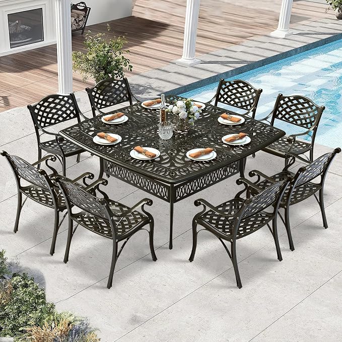 9 Piece Outdoor Patio Dining Set for 8, Cast Aluminium Large Square Dining Table & 8 Dining Chairs, Umbrella Hole, Patio Furniture Set for Garden Porch Poolside, Dark Bronze