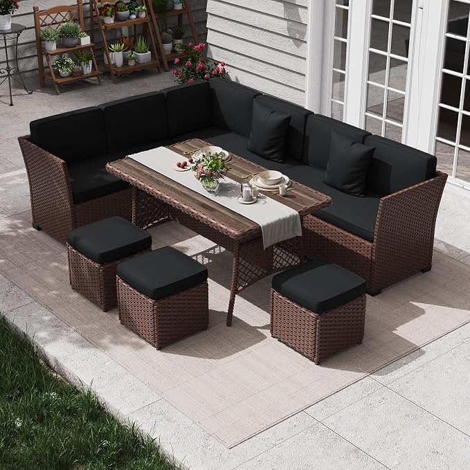 KIGOTY 7 Piece Patio Furniture Set, Outdoor PE Wicker Rattan Outdoor Dining Set, Patio Table and Chairs Set, Patio Conversation Sofa Set with Dining Table and Ottoman(Brown-Black)