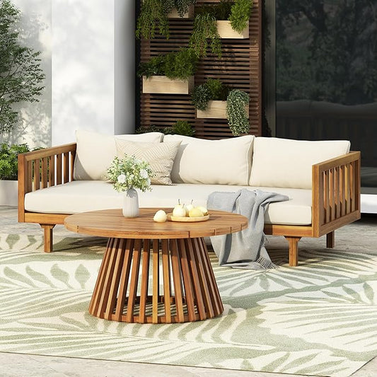 Christopher Knight Home Claremont Patio Sofa and Coffee Table Set, 2 Piece Outdoor Patio Furniture Set with Cushion, Acacia Wood 3 Seater Outdoor Sofa Daybed and Coffee Table Set, Teak+Beige