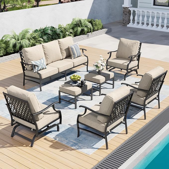 SUNSHINE VALLEY Patio Furniture Set, Modern Metal Outdoor Patio Furniture, 3 Seater Sofa, 2 Fixed Chairs, 2 Rocking Chairs, 2 Ottomans and 5.75" Extra Thick Cushion, Patio Conversation Set for Garden