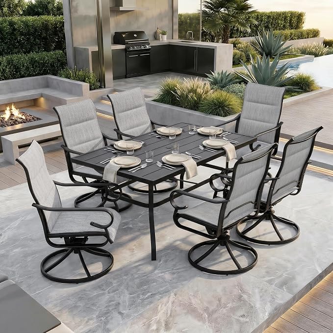 NUU GARDEN 7PCS Outdoor Dining Set with Umbrella Hole, Patio Table and Chair Set, Outdoor Dining Table and Swivel Chairs with High Backrest, All-Weather Padded Textilene Patio Dining Set, Light Gray