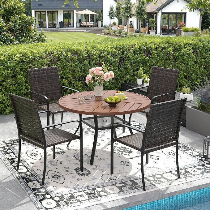 DIFY 5 Piece Outdoor Dining Set for 4, 40.6" Walnut Round Metal Dining Table with Umbrella Hole and Stackable Wicker Patio Chairs, All-Weather Patio Table and Chairs Set for Deck Garden Backyard