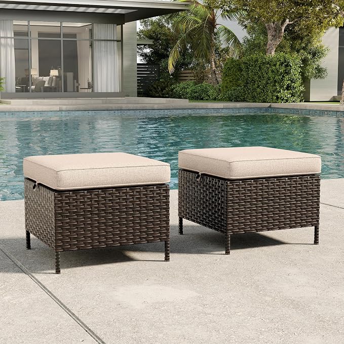 Outdoor Ottomans with Weather-Resistant Cushions, PE Rattan Patio Conversation Set for Backyard, Deck, Porch, Sunroom (Beige)