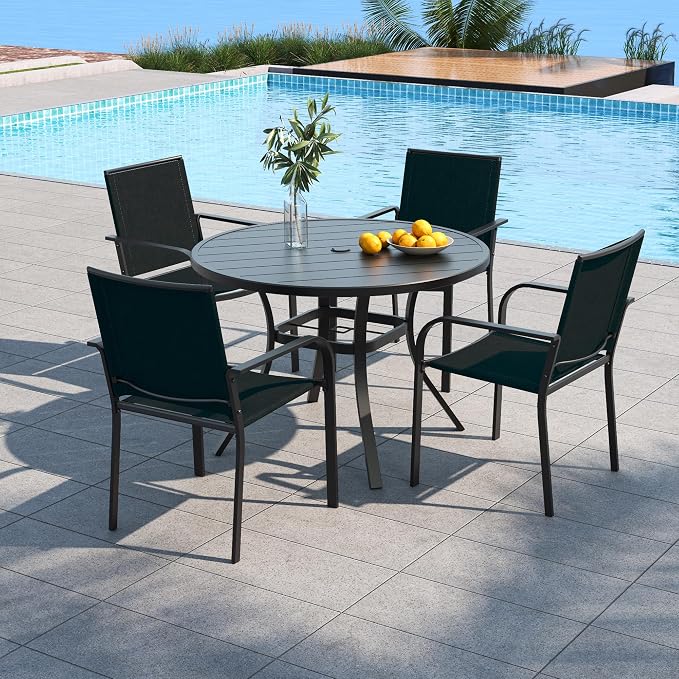 Outdoor Dining Set 5 with 41" Metal Round Table and Black Stacking Chairs | 4 Piece Stackable Chairs Textilene Seat and Back, Table and Chair with Metal Frame, Round Slat Table Top, 1.9" Umbrella Hole