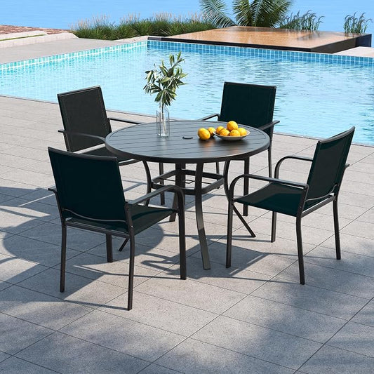 Outdoor Dining Set 5 with 41" Metal Round Table and Black Stacking Chairs | 4 Piece Stackable Chairs Textilene Seat and Back, Table and Chair with Metal Frame, Round Slat Table Top, 1.9" Umbrella Hole