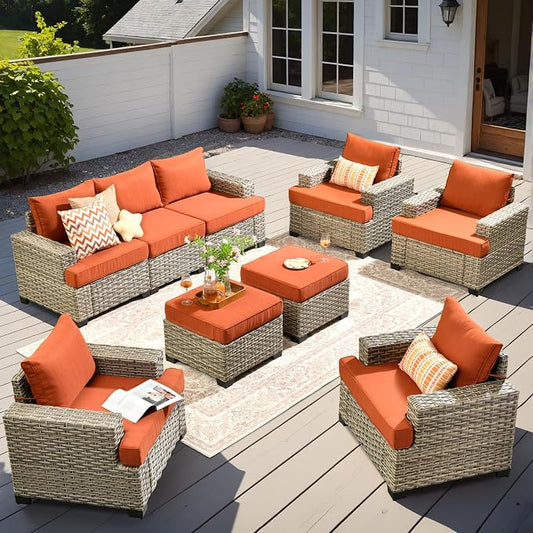 9 Pcs Outdoor Sectional Patio Furniture Set with Ottomans - All Weather Wicker Modular Outside Sectional Couch,Patio Seating Outdoor Conversation Sets for Deck Yard Garden,Orange Red