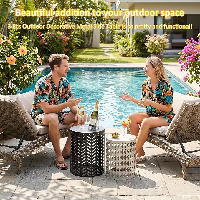 ITEFDTUTNE Outdoor Side Table Set of 3,Metal Outdoor End Tables for Patio Small Round Accent Table for Poolside Backyard Balcony Gazebo Indoor
