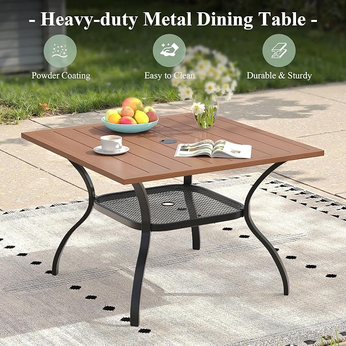 Patio Dining Set for 4, 37.8" Outdoor Dining Table and Chairs Set with Stackable Patio Chairs Outdoor Furniture for Garden Deck Backyard, Walnut Table and Black Chairs