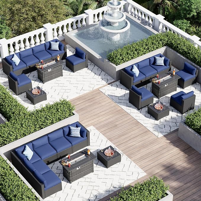 Aoxun 8 Piece Patio Furniture Set with 44” Fire Pit Table, Wicker Patio Sectional Sofa, Outdoor Furniture Set with Thickened Cushion, Blue
