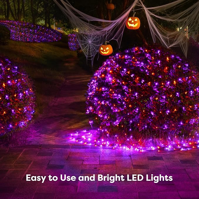 BlcTec Halloween Lights Outdoor 200 LED 8.4ft x 5.2ft Orange Purple Net Lights with 8 Modes, Timer, UL Certified, Connectable, Memory, Waterproof for Lawn, Trees, Bushes Outdoor Halloween Decorations