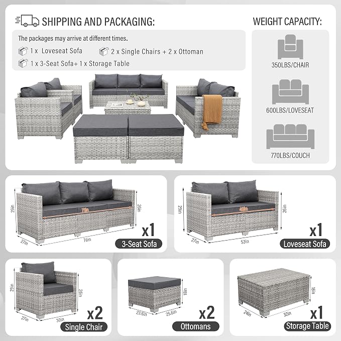 WAROOM Patio Furniture Set 7 Piece Grey Wicker Outdoor Conversation Sets PE Rattan Sectional Sofa with Storage Coffee Table and Anti-Slip Grey Cushion