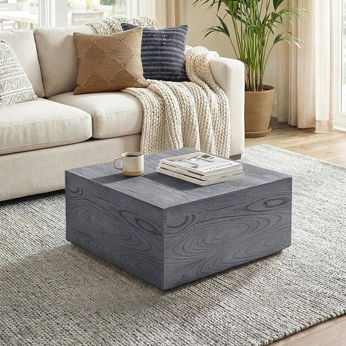 UPHA 28" Square Outdoor Coffee Table, Modern Hollow Concrete Patio Table, Small Minimalist Low Accent Table for Living Room, Balcony, Deck, Backyard, Gray Wood Finish