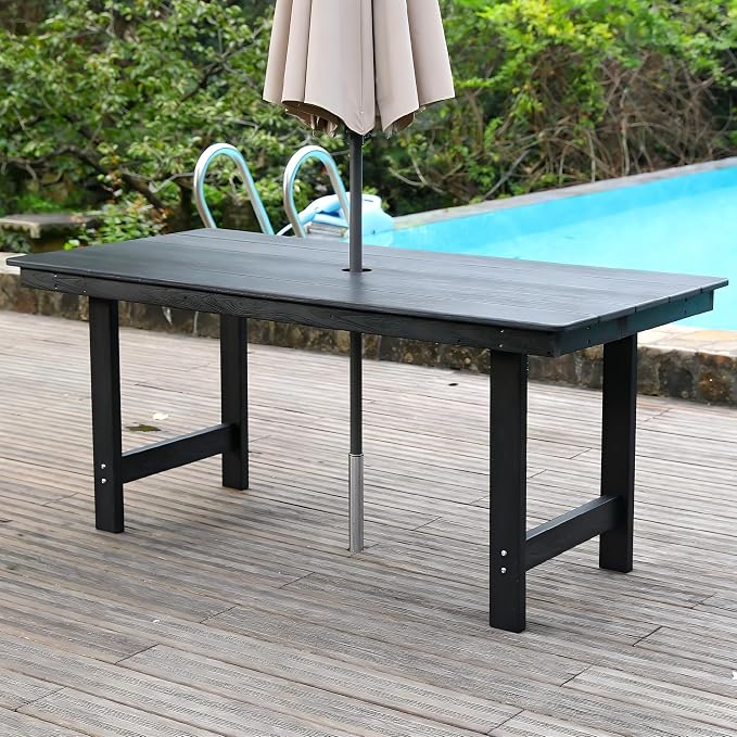 5-Pcs Outdoor Patio Dining Table Set of 4, Outdoor Patio Rectangular 66.9'' Dining Table and Armchair for Garden Backyards Pool Side, Waterproof HDPE Material & 1.95'' Umbrella Hole, Black