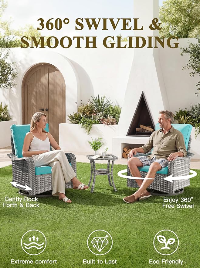 3-Piece Patio Furniture Set, Outdoor Swivel Rocking Chairs with 4" Thick Cushions & Side Table, All-Weather PE Rattan & Rust-Resistant Steel Frame Conversation Set for Porch, Backyard, Turquoise