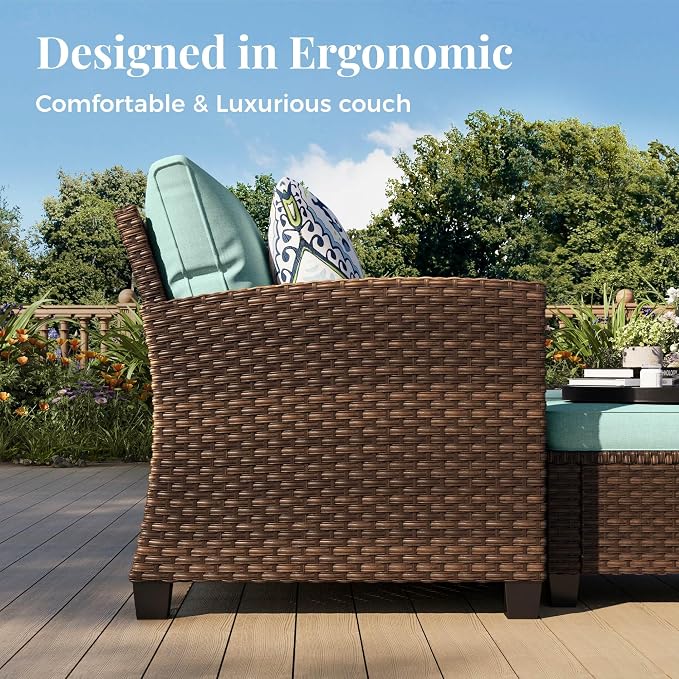MIXPATIO Patio Furniture Set, 7 Pcs Wicker Rattan Outdoor Conversation Set, 2 x Leg Chairs, 1 x 3 Seater Sofa, 1 x 2-Seat Lover Sofa and 2 x Ottomans with 4" Thick Cushion and 56" Fire Pit Table, Blue