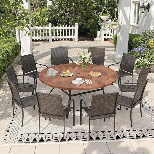 Outdoor Dining Set for 10, 63.1" Metal Round Outdoor Dining Table with Umbrella Hole and Wicker Stackable Patio Chairs, 11 Pieces Patio Table and Chairs Set for Garden Backyard, Walnut