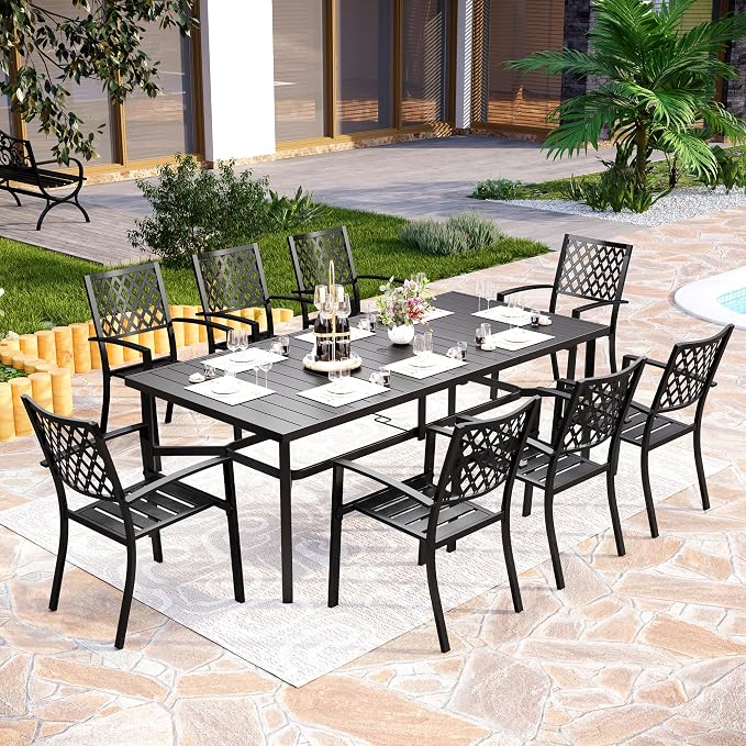 PHI VILLA 9 Pcs Outdoor Dining Set for 8,83" Rectangular Metal Table, Black | Metal Table with Umbrella Hole & Stackable Black Wrought Iron Chairs, Large Outside Furniture for Patio, Deck, Yard, Porch