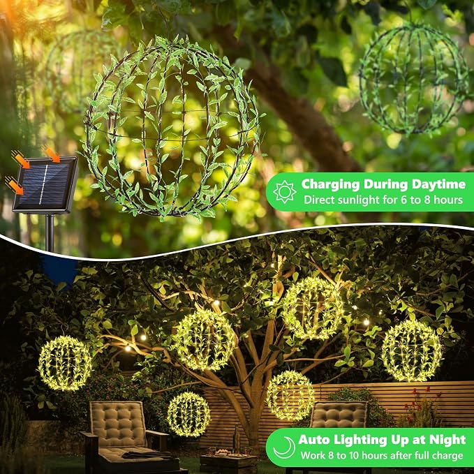 Joomer Solar Ball Lights Outdoor, 2Pack 13 & 11in Total 264 LED, Warm White | Solar Powered Hanging Globe Metal Sphere Lights, 8 Modes Waterproof with Hooks for Patio Garden Gazebo Decorative Tree Decor