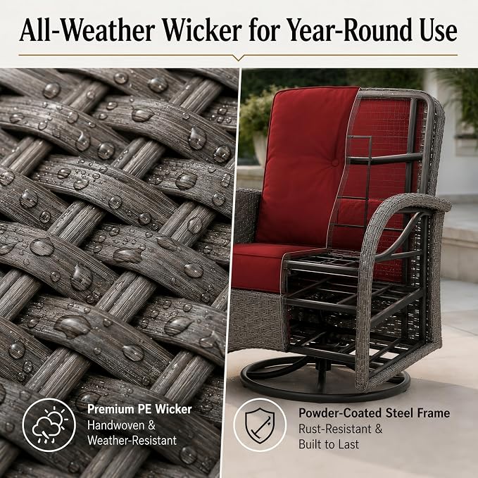 3-Piece Wicker Patio Bistro Set, 2-Pack Swivel Rocking Chairs, Grey/Red | 2-pack chairs, 360-degree swivel, Olefin fabric, removable covers, 4-inch cushions, 2-tier side table, porch use