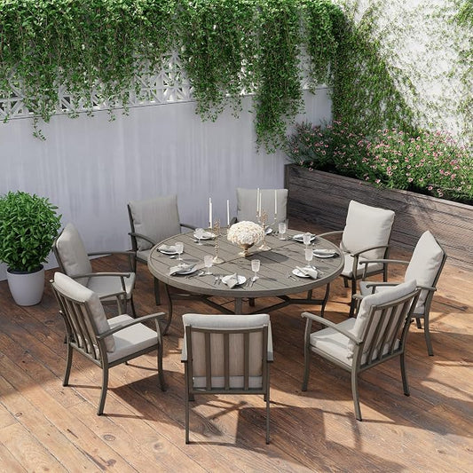 HAPPATIO Patio Dining Set, Aluminum Round Outdoor Dining Set for 8, 61" Round Table with Umbrella Hole and 8 Chairs, Outdoor Table and Chairs with Removable Cushion for Lawn Yard