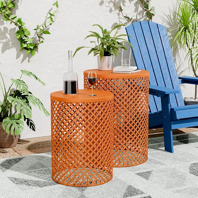 ChicFurnit Outdoor Side Table Set of 2, Cylindrical Metal Frame End Table, Decorative Garden Stool for Indoor Outdoor, Accent Garden Table Modern Nesting End Table for Patio Balconies, Cafes, Orange