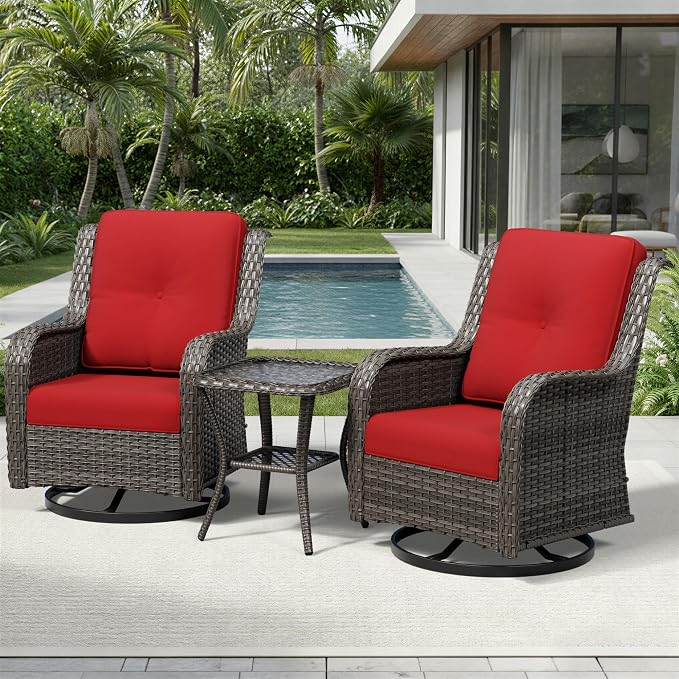 Joyside 3 Piece Wicker Patio Furniture Set, Outdoor Swivel Rocker Patio Chairs with High Back, Deep Seating, Wide Armrest, Thickened Cushions, Outdoor Furniture for Deck, Porch Use