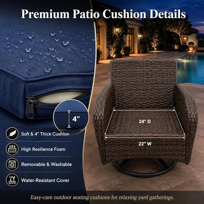 HUMMUH 5-Piece Wicker Swivel Rocker Patio Set with Fire Pit | 50,000 BTU fire pit, powder-coated steel frame, PE wicker, 360-degree swivel, 4-inch sponge cushions
