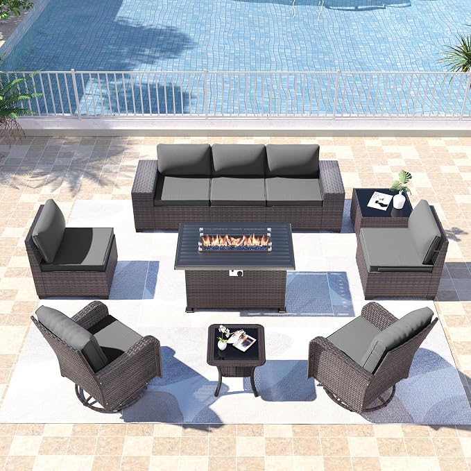 Kullavik 10PCS Outdoor Patio Furniture Set,PE Wicker Rattan Sectional Sofa Patio Conversation Sets with 43" 55000BTU Gas Propane Fire Pit Table,Swivel Rocking Chairs Set,Grey