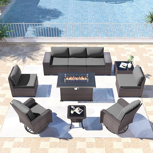 Kullavik 10PCS Outdoor Patio Furniture Set,PE Wicker Rattan Sectional Sofa Patio Conversation Sets with 43" 55000BTU Gas Propane Fire Pit Table,Swivel Rocking Chairs Set,Grey