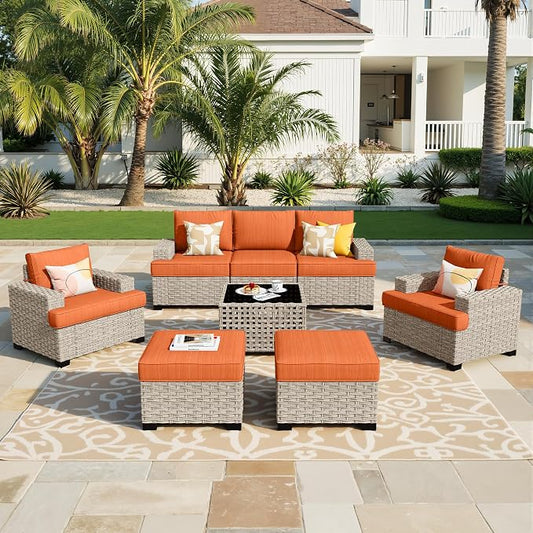 Weaxty 8 Pieces Outdoor Furniture Set, Patio Sectional Sofa Wide Seats Couch Chair with Ottoman Solar Table, Thick Cushion All-Weather Rattan Patio Conversation Sets for Backyard Porch Deck, Orange