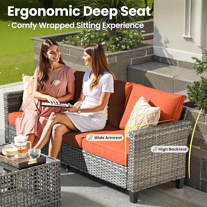 ovios 9 Pieces Patio Furniture Set, Outdoor Wicker Sofa Couch with Swivel Glider Chairs Solar Lights Table, Modern Deep Seat Rattan Conversation Sets for Deck Porch, Orange Red