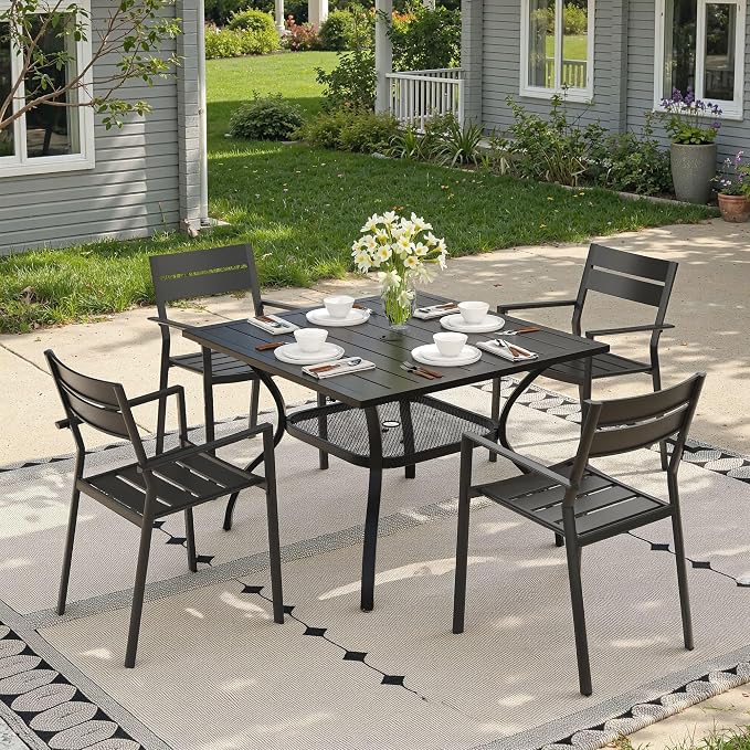 Outdoor Dining Table with Adjustable Umbrella Hole, 37.8" All-Weather Square Patio Dining Table for 4, Metal Patio Table for Garden Lawn Porch Deck Yard, Black