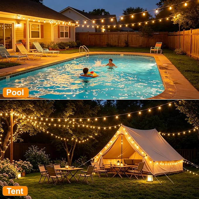 Outdoor String Lights, Waterproof Shatterproof ST38 Vintage Bulbs | 50FT Length, Dimmable & Connectable, 2700K Warm White, ideal for Balcony, Porch, Party, Patio & Indoor Decoration
