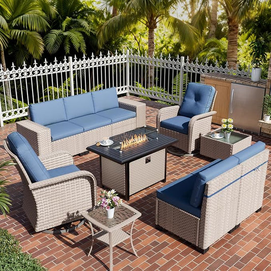 10 Pieces Patio Furniture Set with Fire Pit Table, Outdoor Sectional Wicker Sofa with Thick Cushions, High Back Swivel Rocker Patio Chairs, Rattan Conversation Set with Coffee Table, Navy