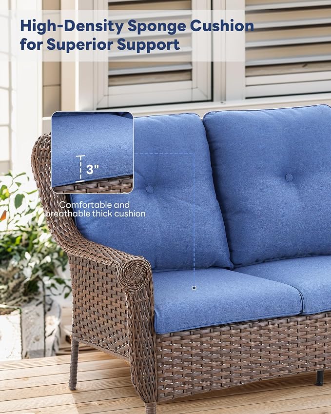 4 Pieces Patio Furniture Set-All Weather Wicker Rattan Swivel Patio Chairs Set of 2 with Patio Loveseat Outdoor Furniture for Patio Deck Porch Garden Backyard-Brown/Blue