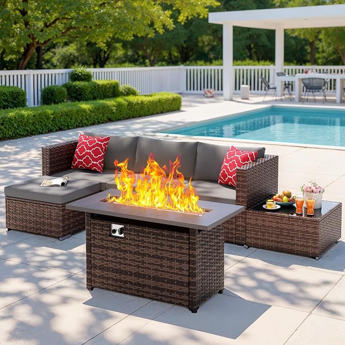 Aiho 6 Piece Outdoor Patio Furniture Set with 45'' Fire Pit Table, Wicker Outdoor Conversation Set Sectional Sofa with Coffee Table for Backyard, Poolside, Garden, Grey
