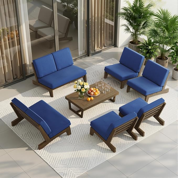 7 Pieces All Weather Wood Patio Furniture Sets, 2 Patio Loveseat, 4 Patio Bistro Chair, Outdoor Sectional Sofa Furniture Backyard Conversation Set with Coffee Table - Navy