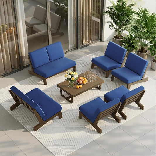 7 Pieces All Weather Wood Patio Furniture Sets, 2 Patio Loveseat, 4 Patio Bistro Chair, Outdoor Sectional Sofa Furniture Backyard Conversation Set with Coffee Table - Navy