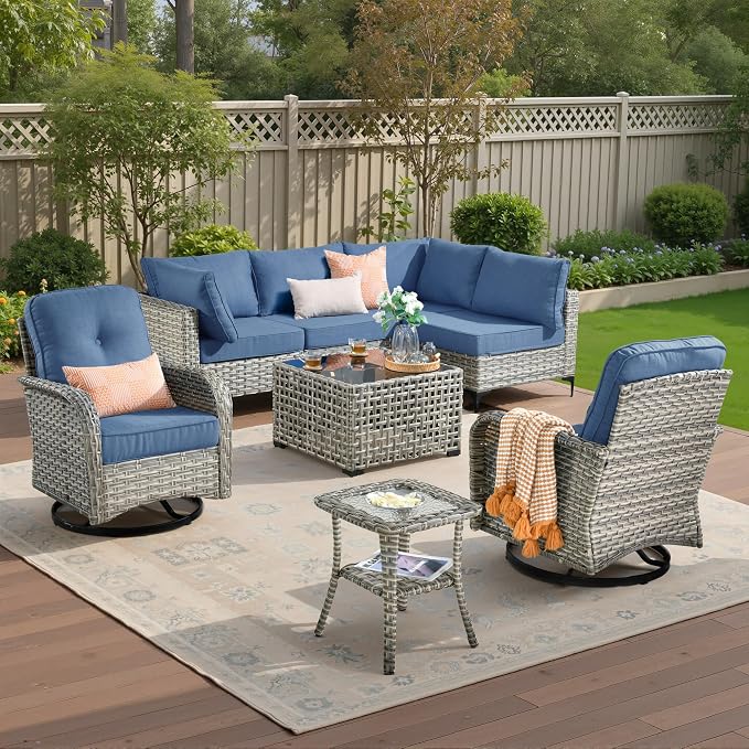 8 Pieces Patio Sectional Furniture Set, Outdoor Wicker Sectional Couch with High Back Swivel Rocker Chairs Solar Lights Table, Modern Conversation Set for Porch Balcony Backyard, Denim Blue
