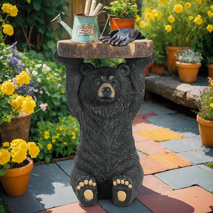 Black Bear Side Table Pedestal End Table Stool, MGO Bear Statue Hand Painted Sculpture for Home, Office, Living Room & Outdoor Decor,No Assembly Required