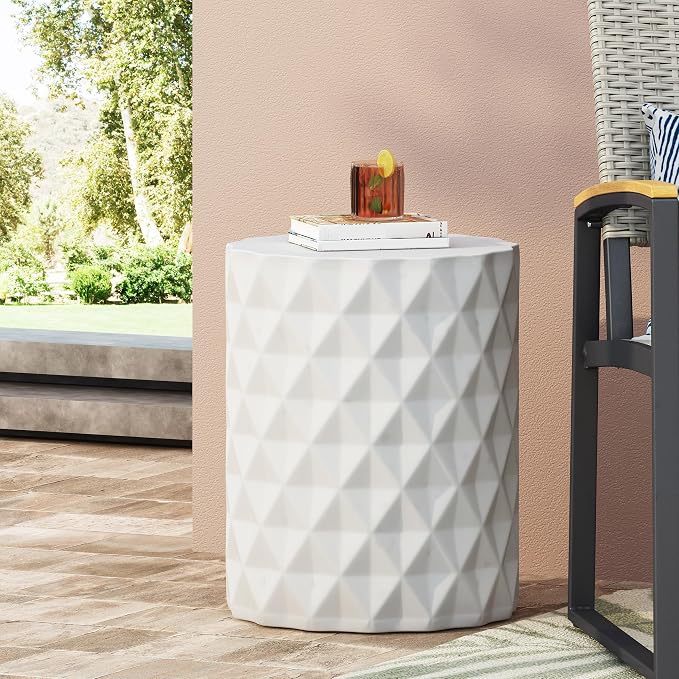 Outdoor Side Table 15.25" Geometric Shape Lightweight Concrete-Look Outdoor Indoor Accent Table Decorative Garden Stools, for Patio Porch Living Room, White