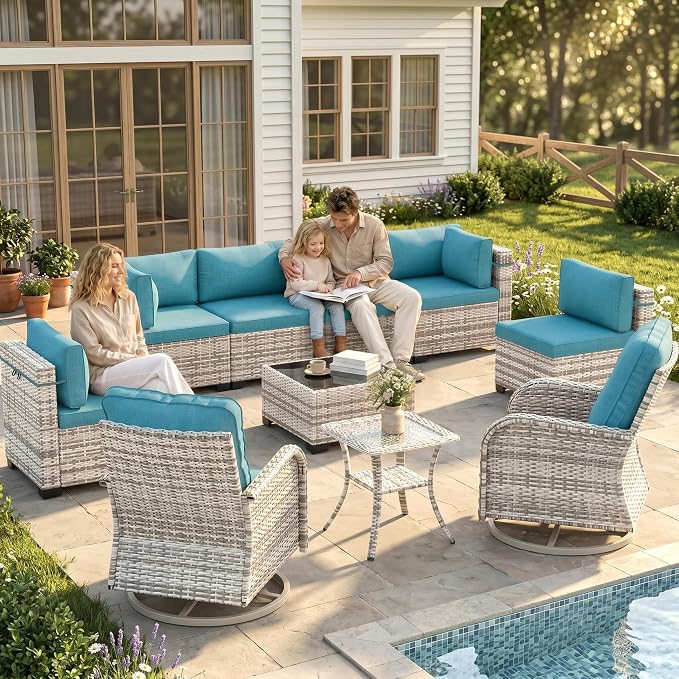 10-Piece Patio Furniture Set, Outdoor Patio Furniture with Swivel Chairs Set, Thick Cushions, Modular Patio Sofa, Dual-Strand Wicker Rattan, Rust-Resistant Frame, Lake Blue