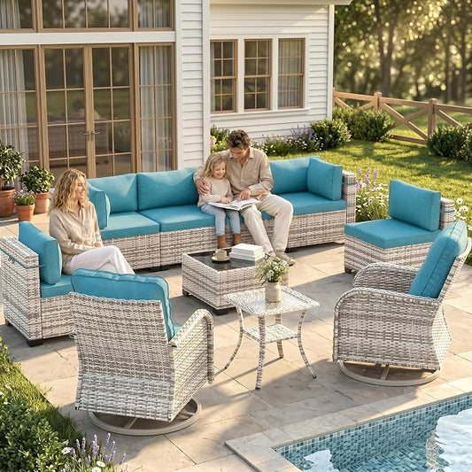 10-Piece Patio Furniture Set, Outdoor Patio Furniture with Swivel Chairs Set, Thick Cushions, Modular Patio Sofa, Dual-Strand Wicker Rattan, Rust-Resistant Frame, Lake Blue