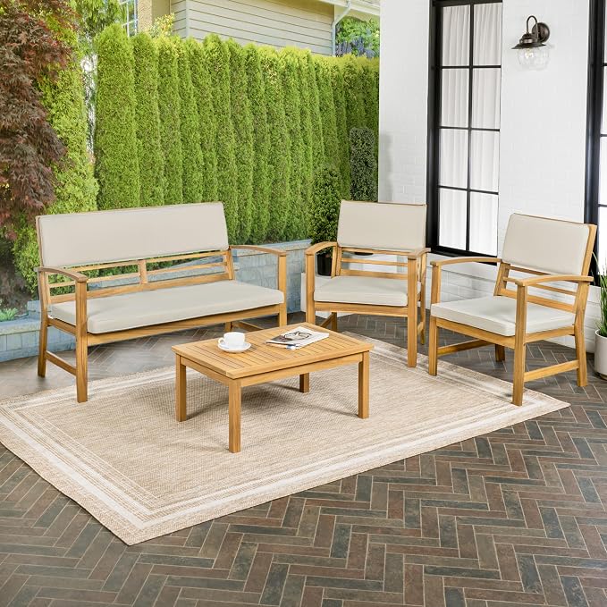 JONATHAN Y Barclay Modern 4-Piece Acacia Wood Outdoor Patio Set, Conversation Seating Group with Removable Cushions and Coffee Table for Backyard, Porch, Garden, Poolside, Teak Brown LVG1000A-4SET