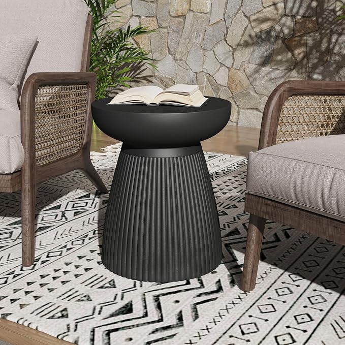 Christopher Knight Home Round Side Table, Outdoor Concrete End Table, Vertical Texture Accent Table, Decorative Side Table, Stylish End Table for Patio Balcony Beach Pool Side, Matte Black