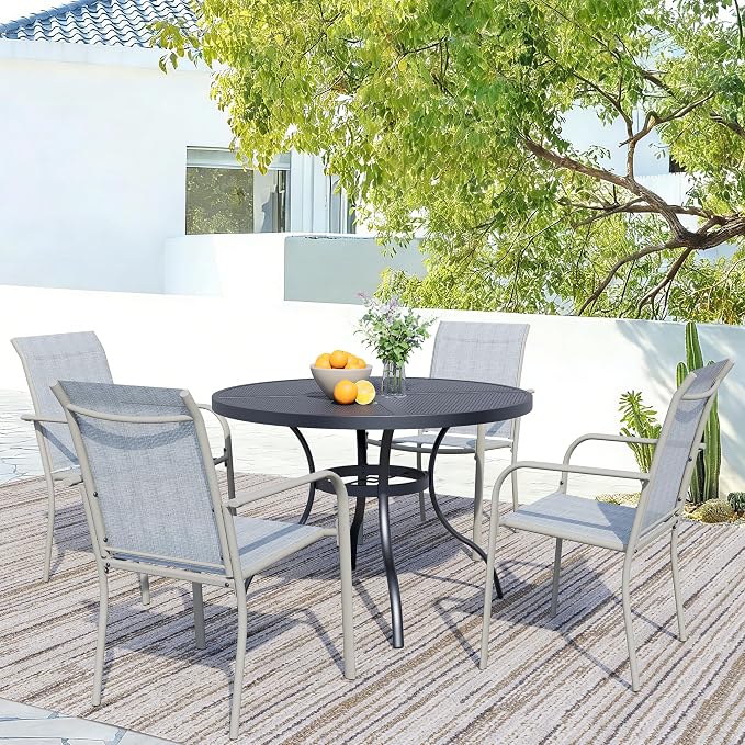 5 Piece Patio Dining Set for 4, 42” Black Round Table with Umbrella Hole and 4 Beige Blue Patio Stackable Chairs, Patio Table and Chairs for Backyard, Lawn, Deck & Garden