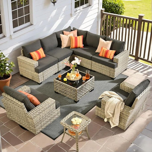 9 Pcs Outdoor Sectional Patio Furniture Set with Swivel Rocking Chairs - All Weather Wicker Modular Outside Sectional Couch,Patio Seating Outdoor Conversation Set for Deck Yard Garden,Black