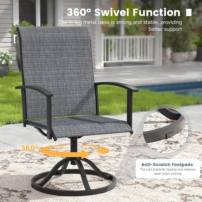 DIFY 7 Pieces Outdoor Dining Set for 6, 53" Black Round Metal Table with Umbrella Hole and Dark Grey Textilene Swivel Patio Chairs, Patio Table and Chairs Set for Garden, Backyard, Poolside